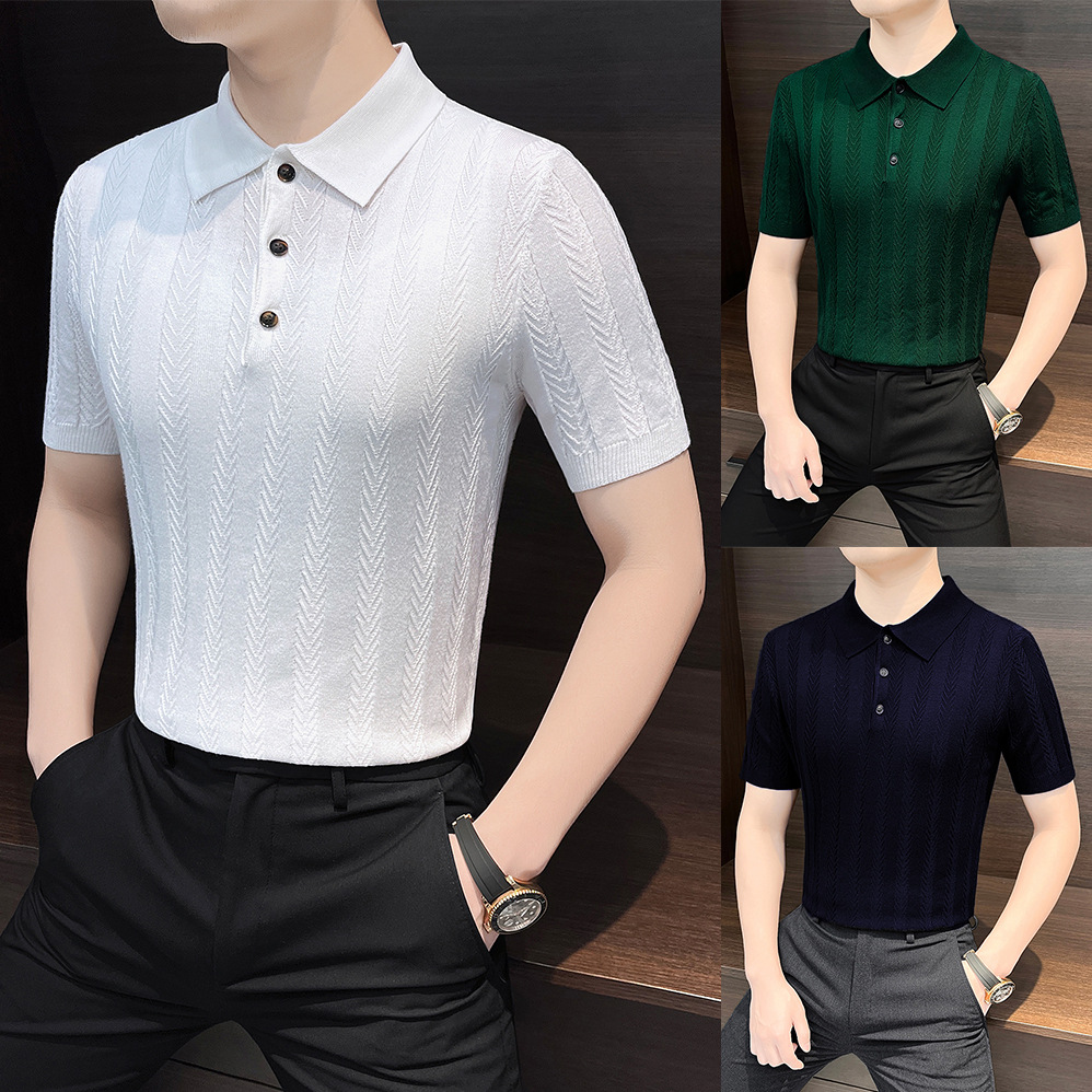 Polo camiseta de punto camiseta de manga corta hombre hueso de pescado estampado antiguo viento delgado camiseta de hielo seda de verano fábrica transfronteriza al por mayor