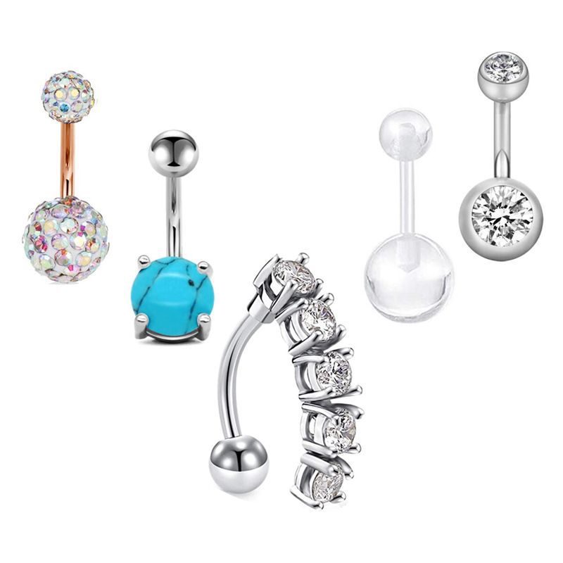 Stainless Steel Zircon Belly Ring Set - 5 Piece Navel Piercing Jewelry with Cactus Floral Design detail image 11
