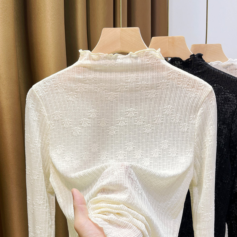 Half-High Collar Fleece-Lined Lace Inner Shirt for Women Autumn and Winter 2025 New Style White Mesh Bottoming Shirt with Fungus Edges