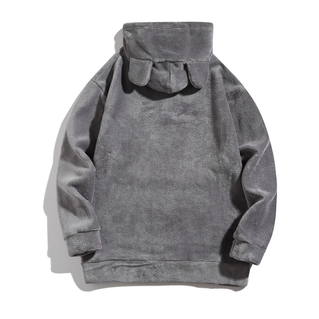 Felpa con cappuccio in pile corallo caldo tinta unita da uomo, con orecchie d'orso, giacca carina_voghion.com