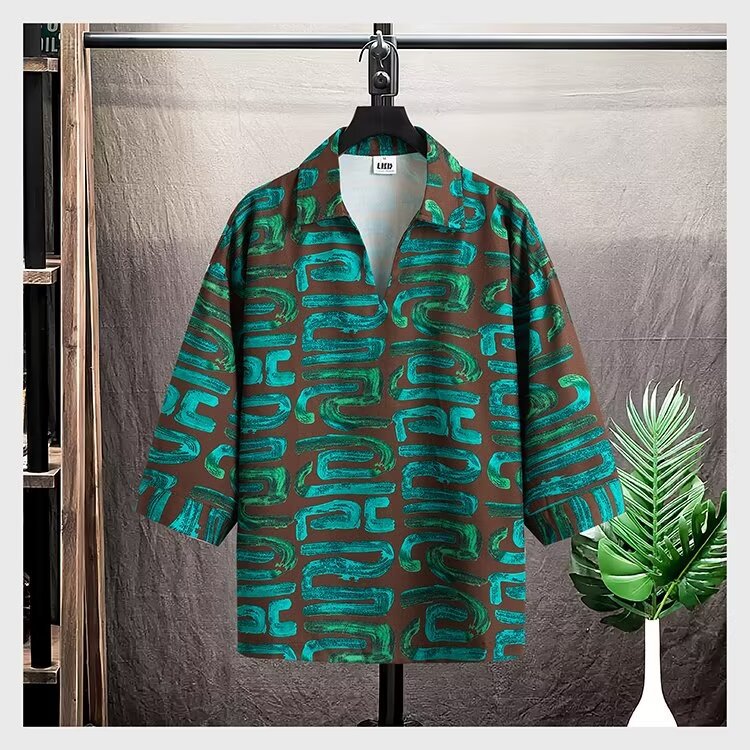Summer Men's Short-Sleeve Printed Slim Fit Korean Style Casual Three-Quarter Sleeve Wrinkle-Resistant Shirt