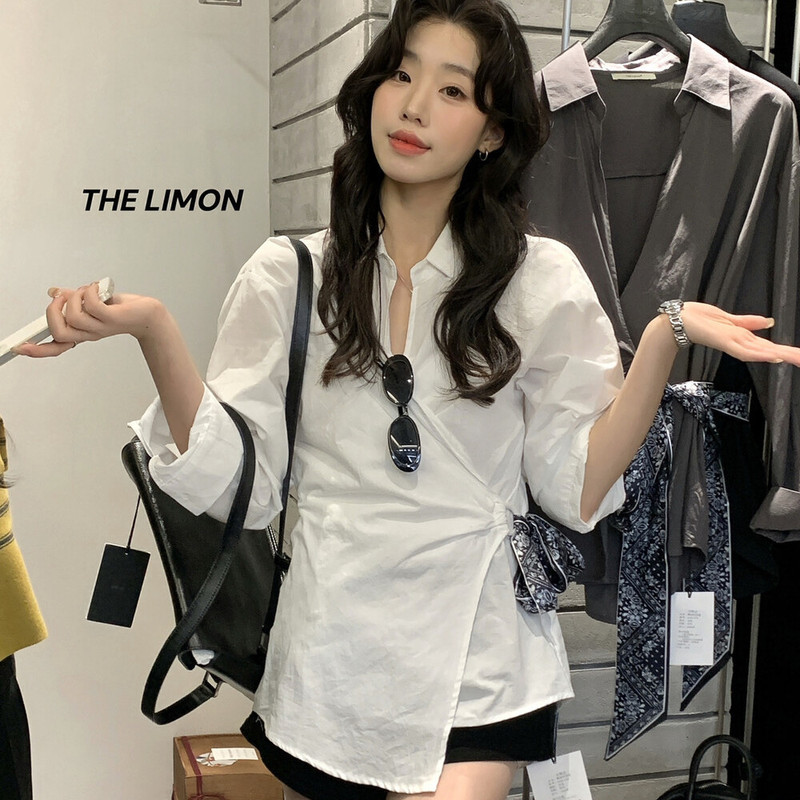 the limon柠檬绿茶2025秋季新款设计感侧绑带丝带收腰衬衫女上衣|undefined