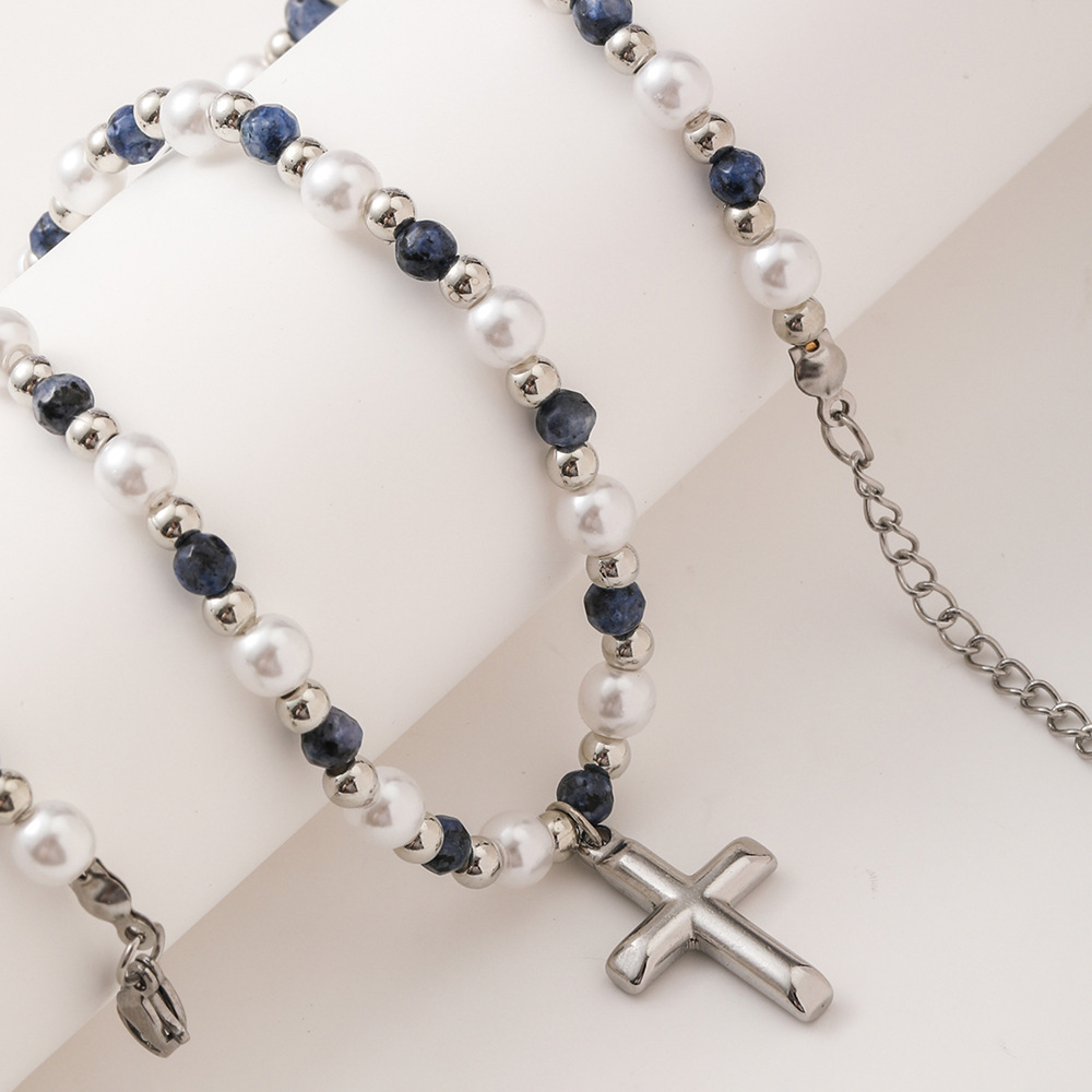 Collier pendentif croix pour homme, orné de perles et de pierres, fait main, très tendance._voghion.com