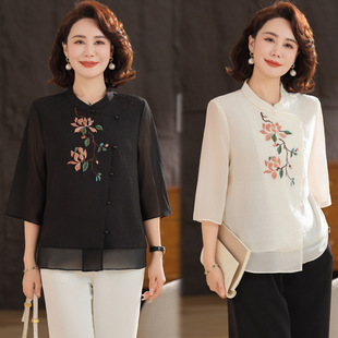 Middle-Aged Mother's Spring and Summer Clothing 2025 New T-Shirts, Stylish Tops, Middle-Aged and Elderly Women's Summer Tops