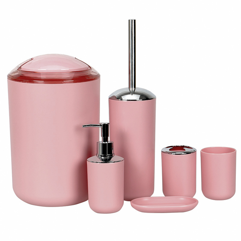 Artículos de baño de plástico de color sólido Juego de seis piezas de enjuague bucal, estante para cepillado, caja de jabón, almacenamiento de baño, juego de baño se puede personalizar