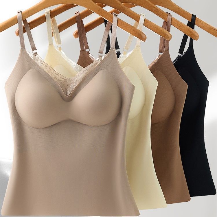 Spring and Summer Ice Silk Camisole Women's Lace Splicing Sexy Beautiful Straps Chest Pad All-In-One Outer Wear Inner Top