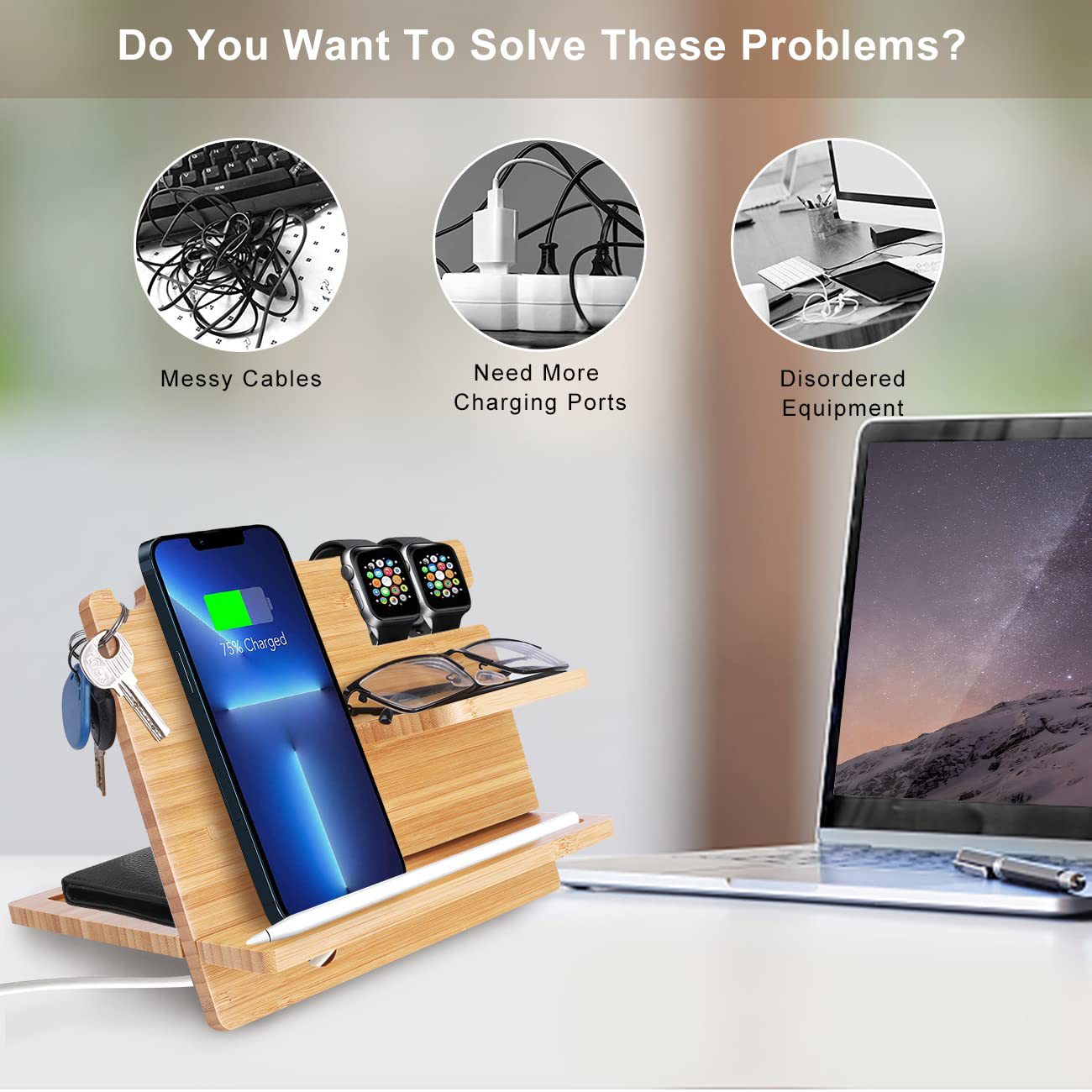 Bamboo Phone Holder Wallet Watch Stand Nightstand Desk Organizer for Watch Key Eye