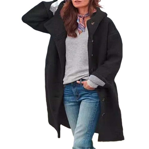 Amazon AliExpress 2025 cross-border European and American fashion women's woolen coat solid color hooded temperament long coat