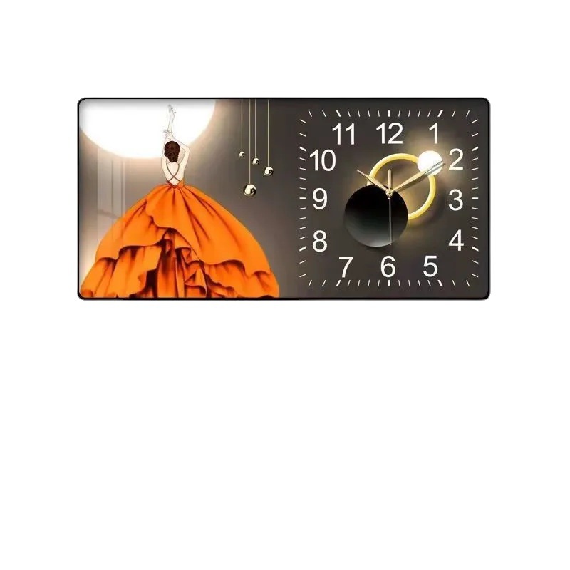 2023 nuevo restaurante pintura decorativa reloj luz comedor de lujo Fondo colgante de pared pintura cálida sala de estar reloj mural de Cristal