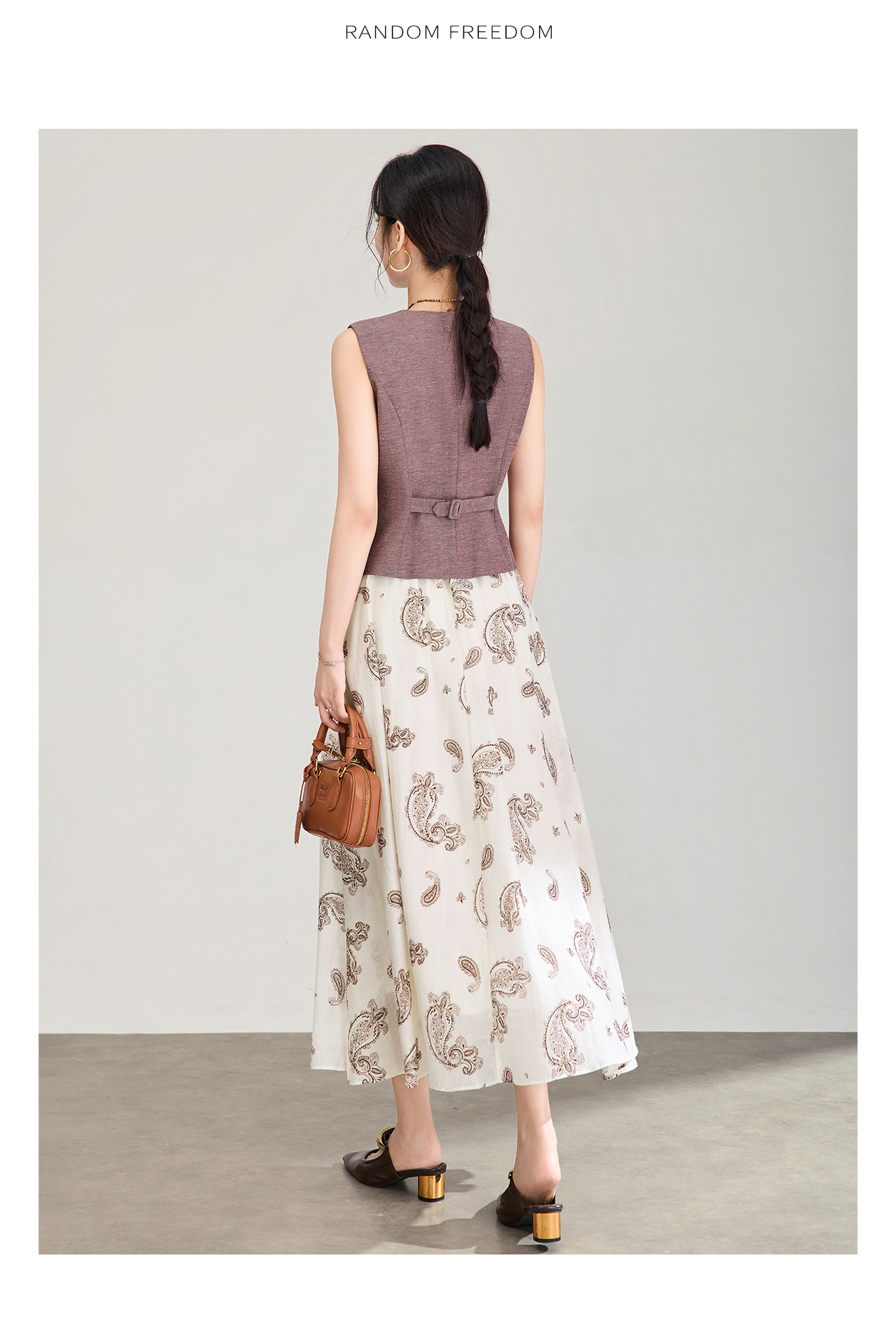 Set áo gile len phối váy maxi in hoa phong cách boho mùa hè — Màu cà phê chi tiết 16