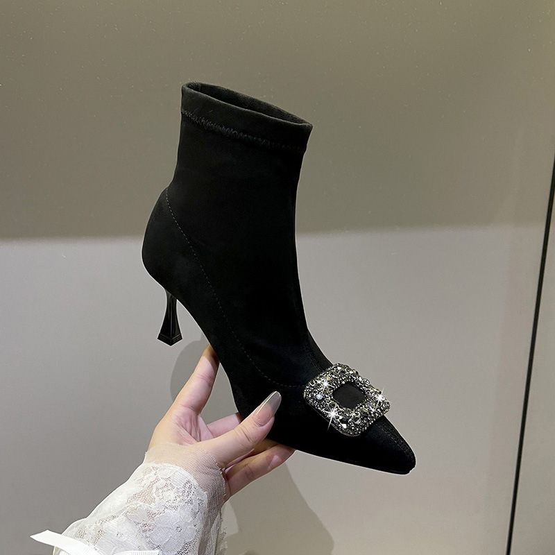 French Pointed Toe Sock Boots New Autumn and Winter Single Boots Elastic Suede Slimming Boots Stiletto High Heels Ankle Short Boots for Women