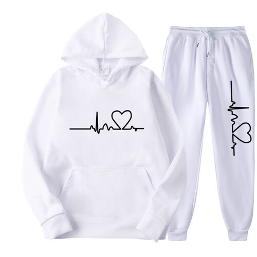 Men's and Women's Fleece Sweatshirt Set Autumn and Winter Heart Print Hooded Sweatshirt Trend Brand New Men's Set