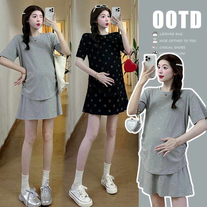 Спотовые новые летние модные яркие бриллианты футболки с короткими рукавами брюки юбка для беременных набор из двух частей