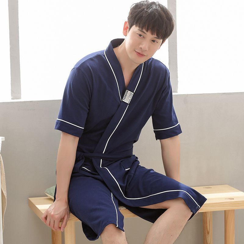Camisón de algodón de primavera y verano de los hombres de manga corta Albornoz de primavera y otoño camisón pijamas de los hombres ropa de casa grande
