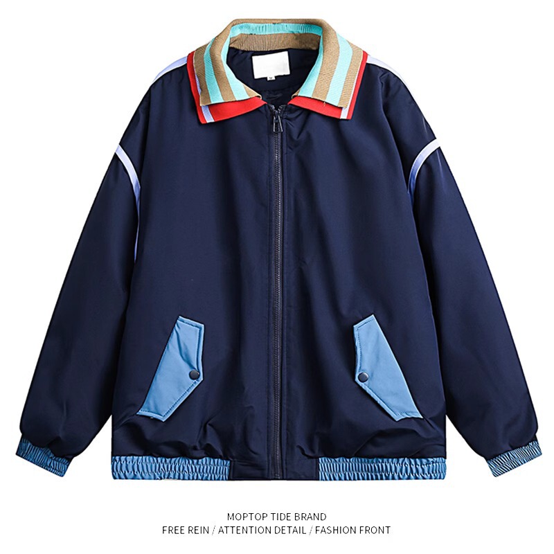 Spring and Autumn New American retro color matching college style jacket men's and women's niche design double collar loose casual jacket