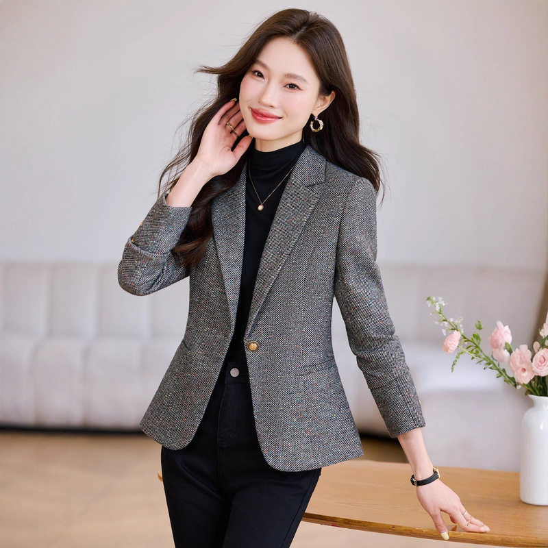 Gray Woolen Suit Jacket for Women 2025 Autumn and Winter New High-End Top Korean Style Slim Long-Sleeved Suit Formal Wear