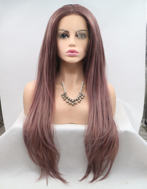 Europa y los Estados Unidos pelucas populares marrón medio largo cabello recto fibra química delantera encaje mitad gancho mano