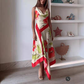 独立站跨境女装欧美连衣裙外贸印花时尚性感吊带露背度假风中长裙