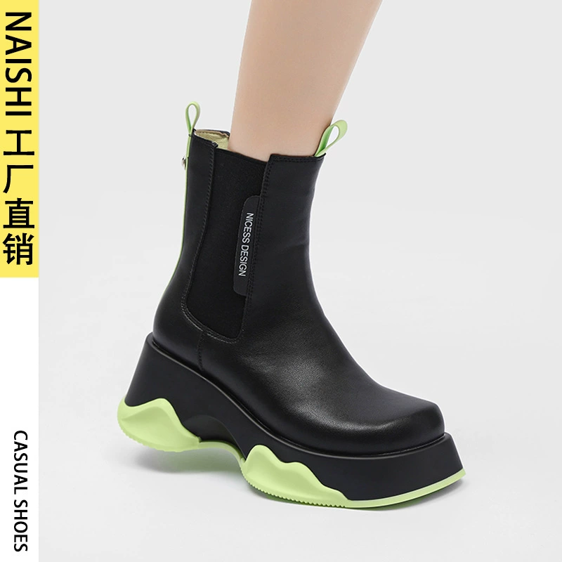 Ботинки Мартин для женщин, короткие ботинки из натуральной кожи на толстой подошве до середины икры для женщин небольшого роста, легкие и стройнящие ботинки челси.