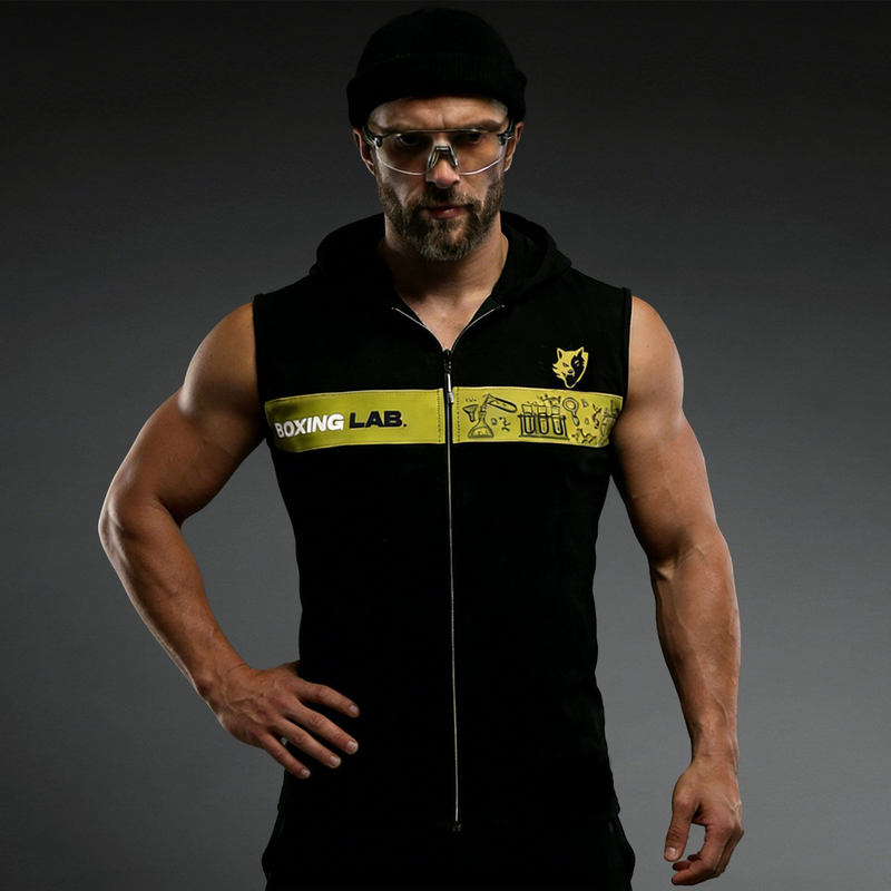 Vszap Wolf Warrior Men's Sleeveless Hooded Patchwork Zipper Sweatshirt with Contrasting Colors and Texture, Sporty Casual High-End Jacket