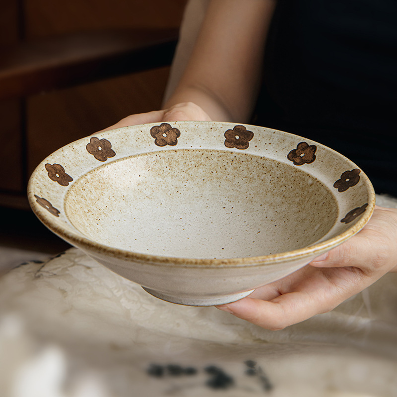 Japanese Handmade Conical Bowl 7.5inch Straw Hat Bowl Retro Rustic Ramen Bowl Specialty Dish Bowl Cross-Border Export