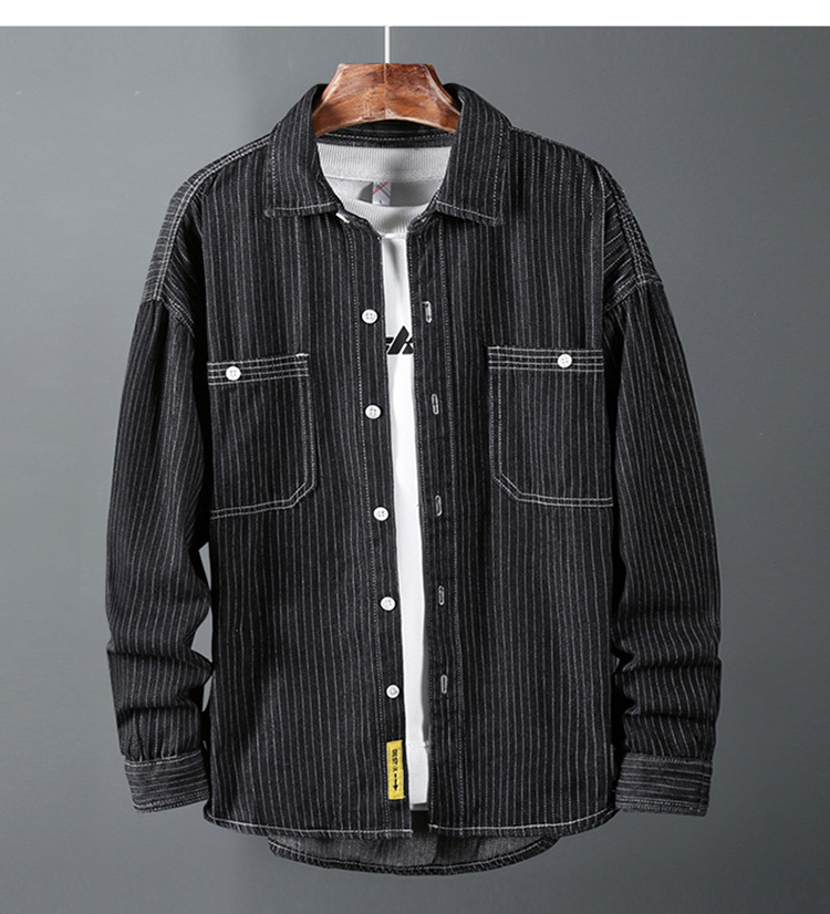 2023 Frühjahr Neues lässiges Jeanshemd mit Polokragen und schwarzen vertikalen Streifen, lockerer Jeanshemdmantel für Männer und Jugendliche_voghion.com