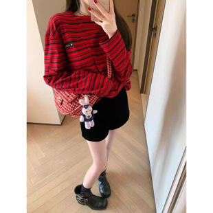 Miu2025 Spring New American Style Lazy Style Loose Fashionable Versatile Stripesd Round Neck Pullover Long-Sleeved T-Shirt