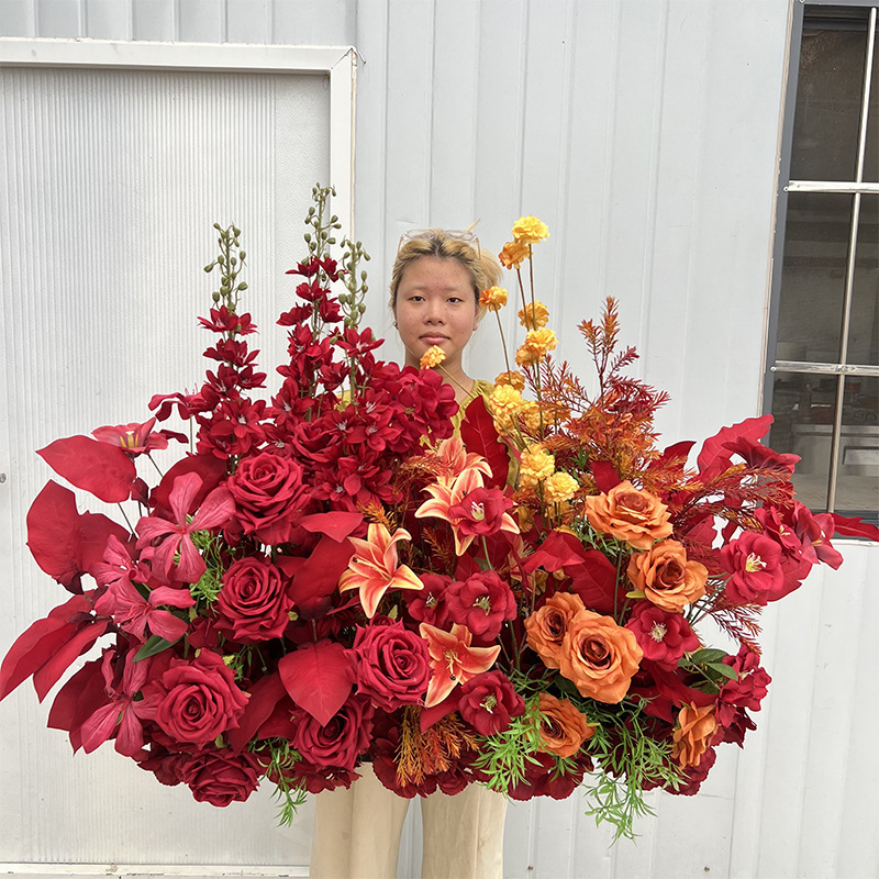 Wedding Floor Arrangement Red Chinese-Style Engagement Proposal Artificial Flower Arrangement Wedding Aisle Silk Flowers Wedding Flowers