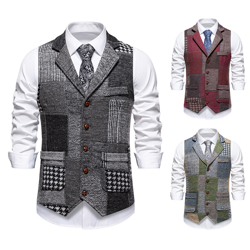2025 Cross-Border New Men's Casual Vest Retro Contrast Color Lapel Tweed Herringbone Vest Jacket for Men