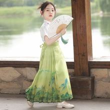 中国风女童马面裙套装千里江山春夏款儿童演出服改良古风唐装短袖