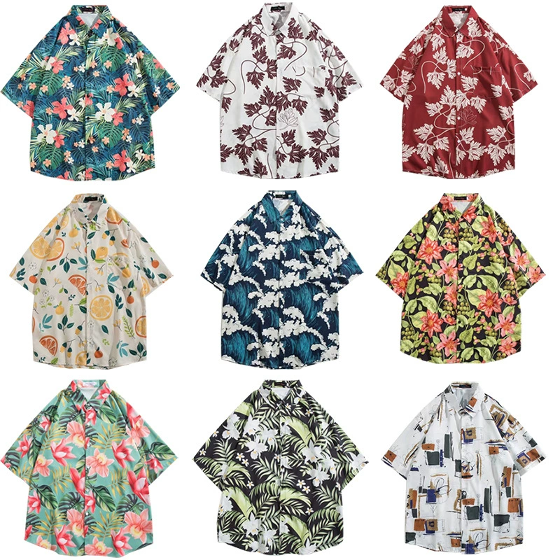 Летние каникулы Гавайские цветочные рубашки Ретро портовый вкус тонкий повседневный свободный пляж пара рубашки с короткими рукавами оптом