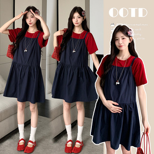 Real shot in stock 2025 summer new suit Korean retro simple short sleeve T-shirt + suspenders dress two-piece set