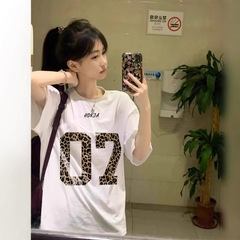 アメリカンレトロヒョウ柄デジタルプリント純綿半袖tシャツレディース2025新作ゆるい半袖上着夏ins