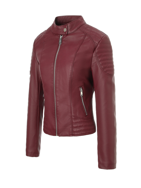 跨境女士欧码修身皮衣秋冬立领外套复古机车皮夹克Women's coat|undefined