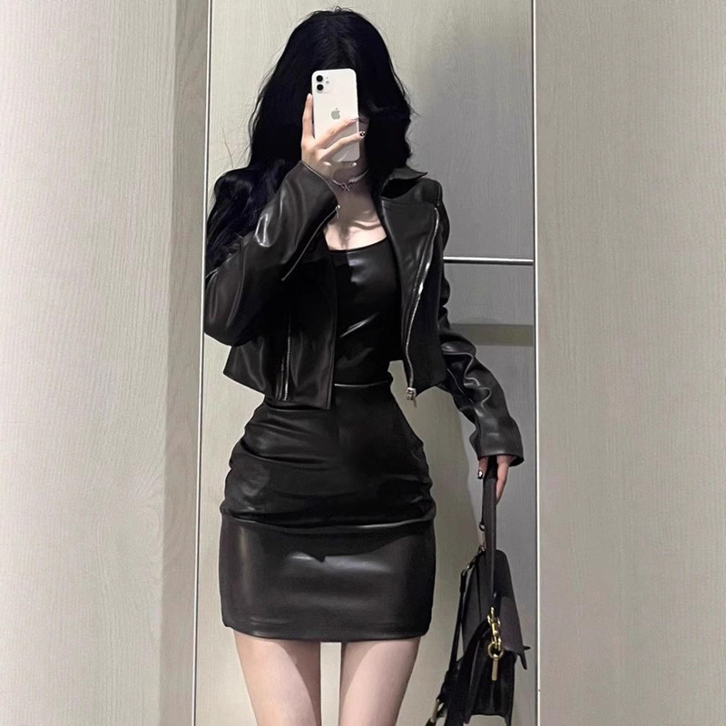 Hong Kong Style Retro Versatile American Hot Girl Short Leather Jacket Maillard Niche Black Temperament Two-Piece Suit