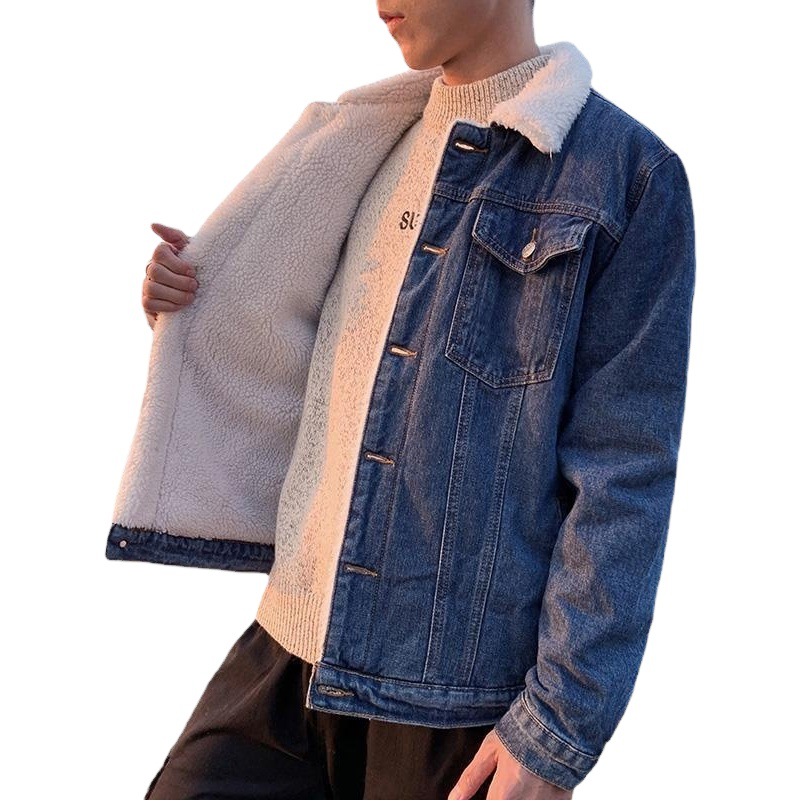 Abrigo de mezclilla de lana de cordero de invierno para hombres de estilo coreano de moda para hombres y mujeres estudiantes de todo fósforo suelto forrado de lana gruesa chaqueta cálida
