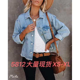 现货秋冬新款牛仔外套女 速卖通亚马逊街头潮人宽松毛边短款夹克