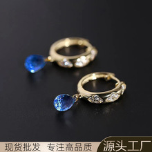 s925蓝海天空蓝托帕石耳环女纯银镶嵌水滴彩宝耳饰潮蓝色宝石耳坠