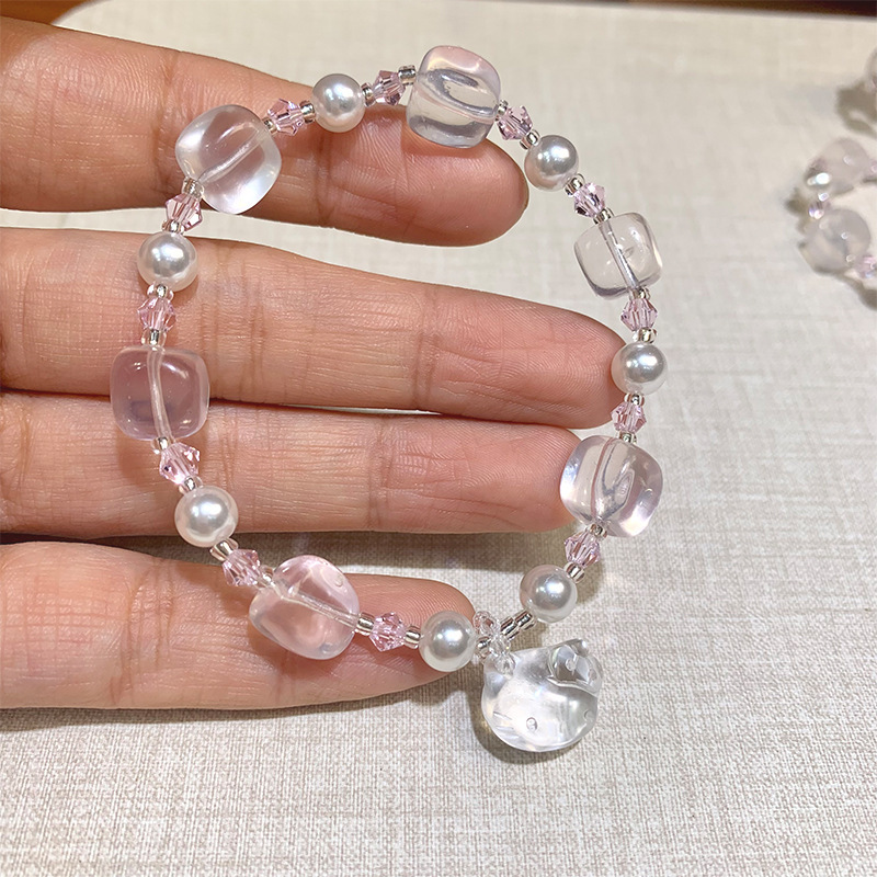 Crystal Bracelet Pink Crystal Sugar Cube Kitty Valentine's Day Gift Cute Cat Pearl Beads