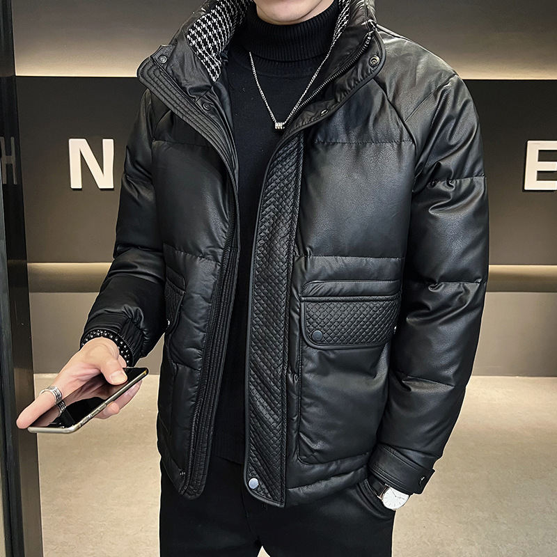 23 shopkeeper style leather down jacket men's slim fit fashion casual men's jacket Korean style large pocket warm down jacket