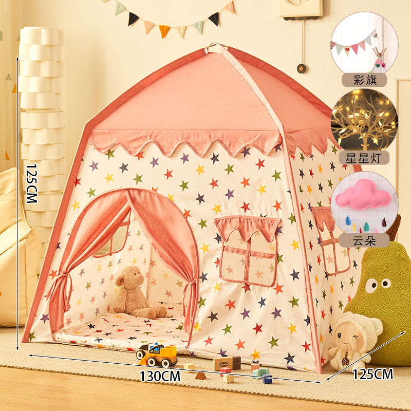 Estrellas rosadas + banderas de colores + luces de estrellas + nubes