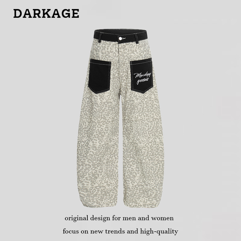 American Retro Leopard Print Patch Pocket Embroidered Jeans Unisex Loose Street Style Wide-Leg Casual Pants