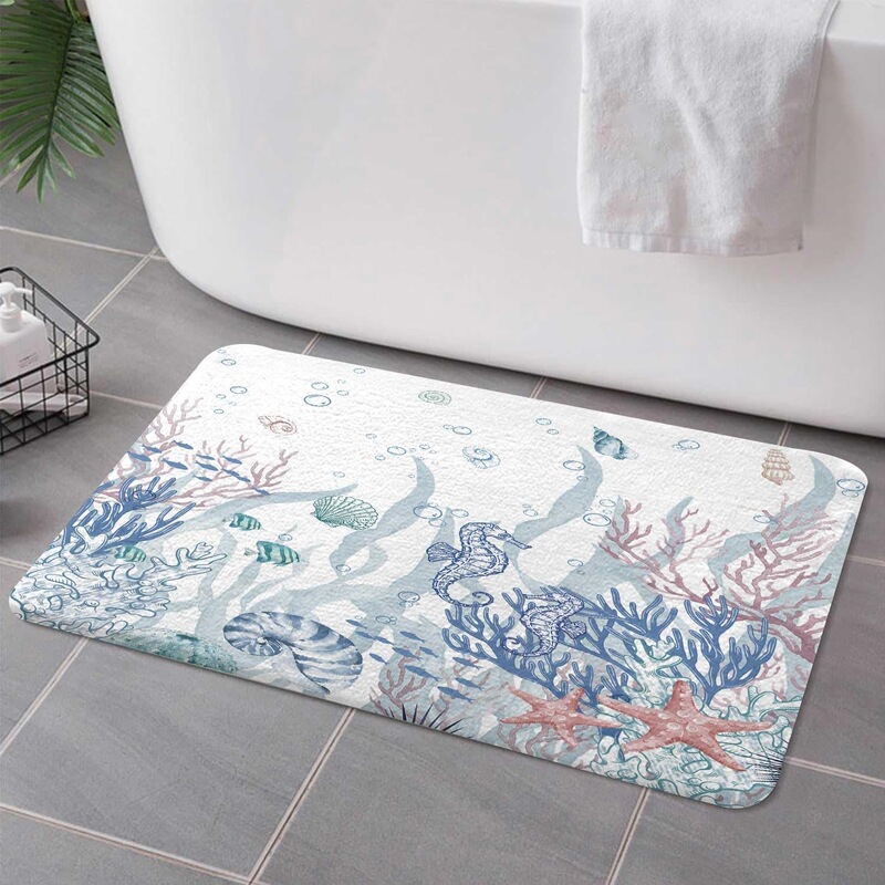 Cross-Border Exclusive Supply of Watercolor Sea Horse, Coral, and Starfish Fresh Ocean-Themed Bathroom Flannel Floor Mats and Home Carpet Decorations Cross-Border Exclusive Supply of Watercolor Sea Horse, Coral, and Starfish Fresh Ocean-Themed Bathroom Flannel Floor Mats and Home Carpet Decorations
