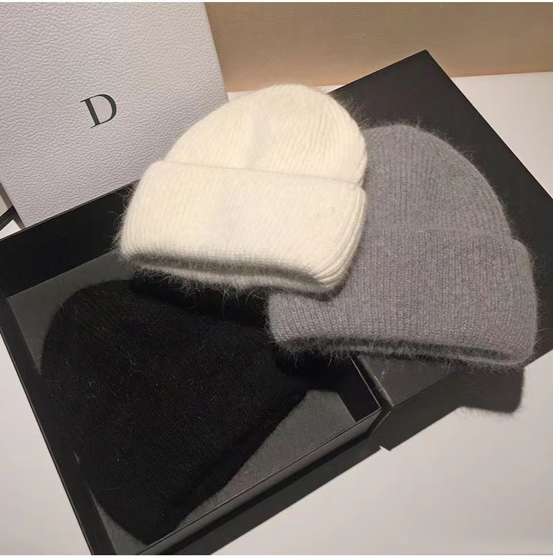 112g Weight Japanese High-End New Rabbit Fur Knitted Woolen Cap Women's Fashion Autumn Winter Japanese Beanie Hat Thermal Head Cover Knitted Hat