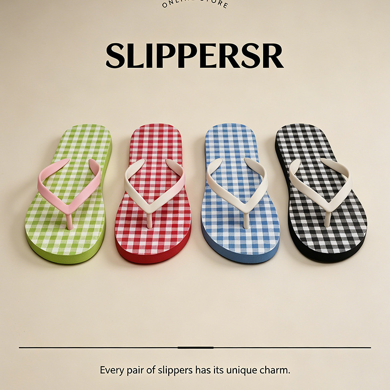Summer sandals, flat beach shoes, stylish small apple summer blue plaid vacation flip-flops for women Summer sandals, flat beach shoes, stylish small apple summer blue plaid vacation flip-flops for women