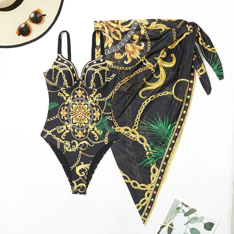 Traje de Baño de una Pieza Estilo 2025 con Aro y Estampado Posicionado, Traje de Baño de Cintura Alta, Conjunto de Bikini de Dos Piezas