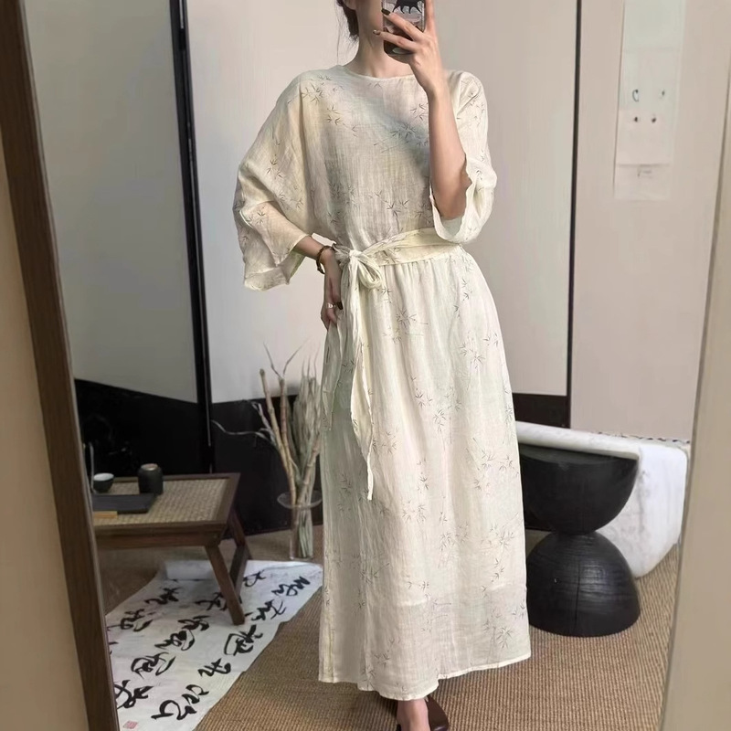 New Art Style Printed Pullover Loose Lace-up Shirt Tight Waist Lightweight Skirt Ramie Two-piece High-end