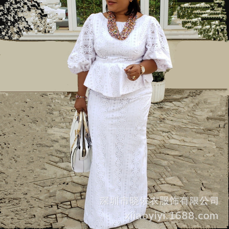 Amazon Cross-Border European and American Plus-Size Women's Clothing Lace Embroidered Top Elastic Loose Long Skirt Two-Piece Suit Evening Dress