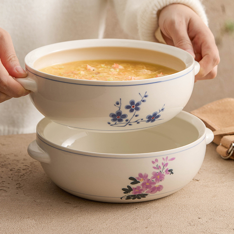 Blue Ceramic Tableware Thickened Soup Bowl with Double Handles, High Aesthetic Value, New Large Size Soup Bowl for Home Use, Noodle Bowl