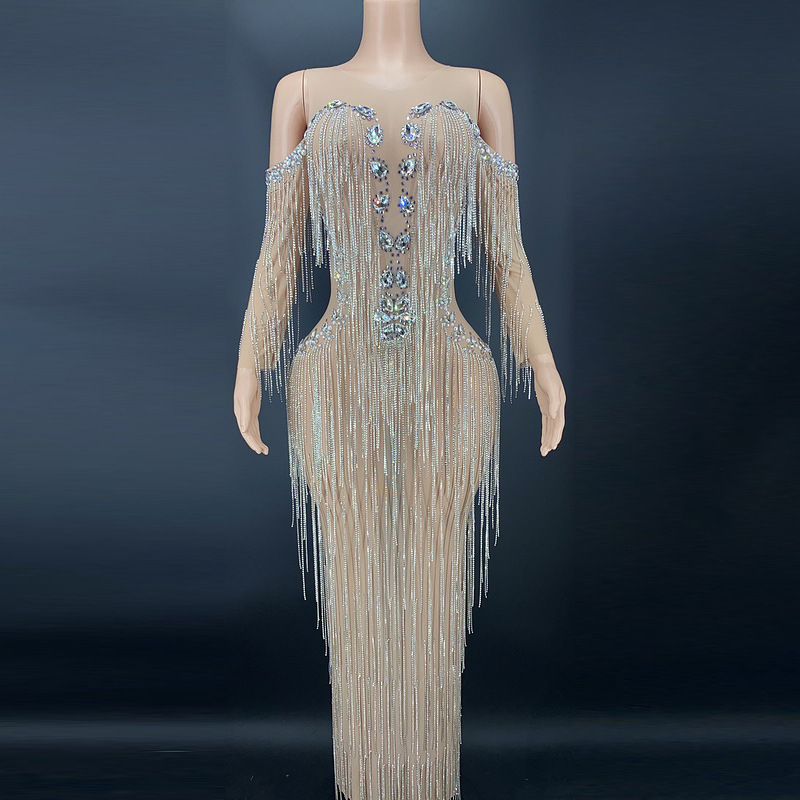 2024 Clothing Rhinestone Tassel Handmade Evening Dress High-End Gown Women Elegant Long Sleeve Prom Dress Annual Meeting Long Sleeve